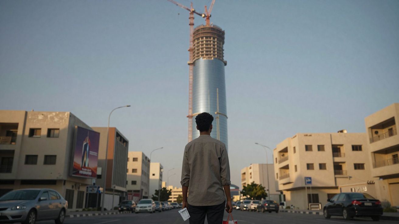 Homem visto de costas observa arranha-céus em construção numa rua urbana com edifícios baixos.