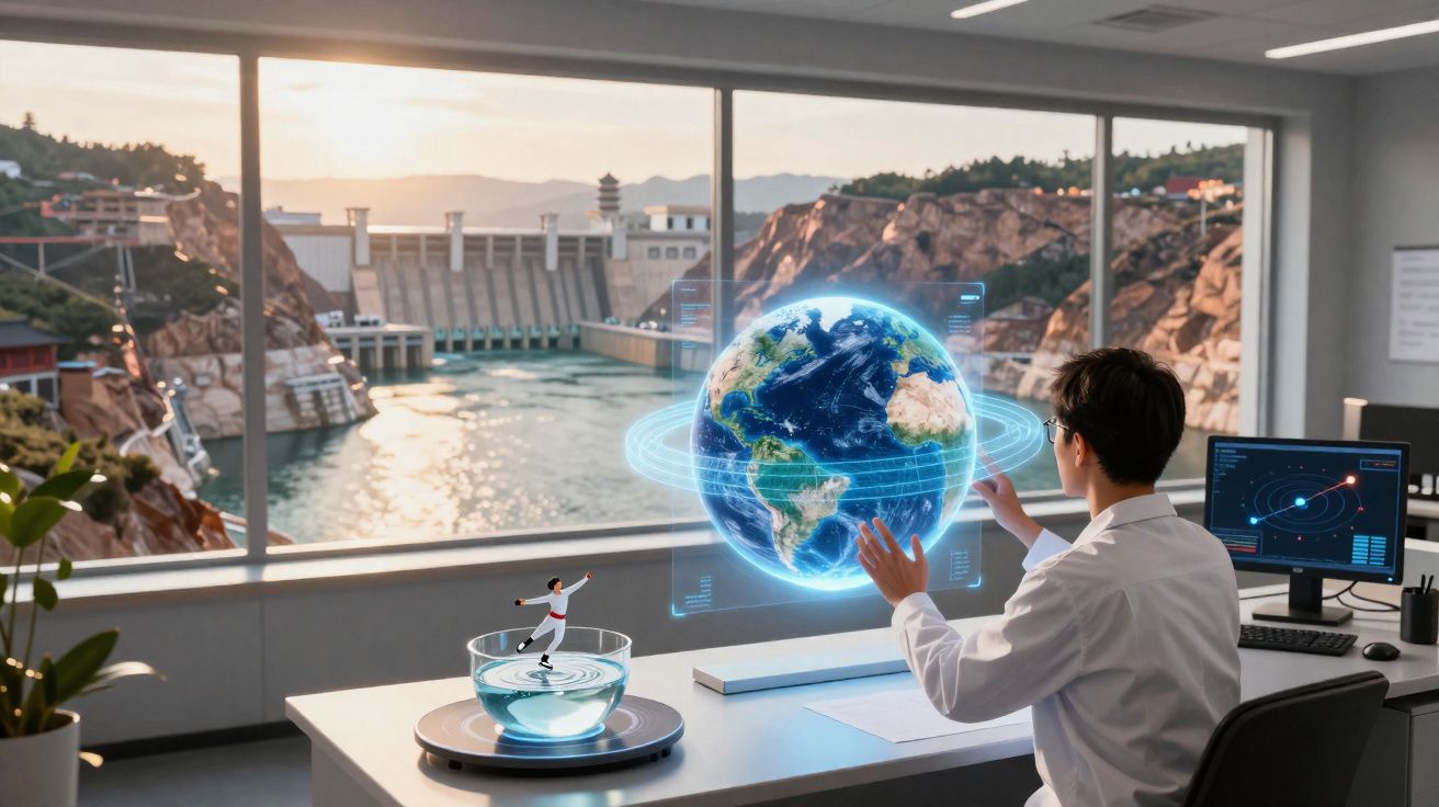 Homem interage com holograma do planeta Terra num escritório com vista para barragem e montanhas.