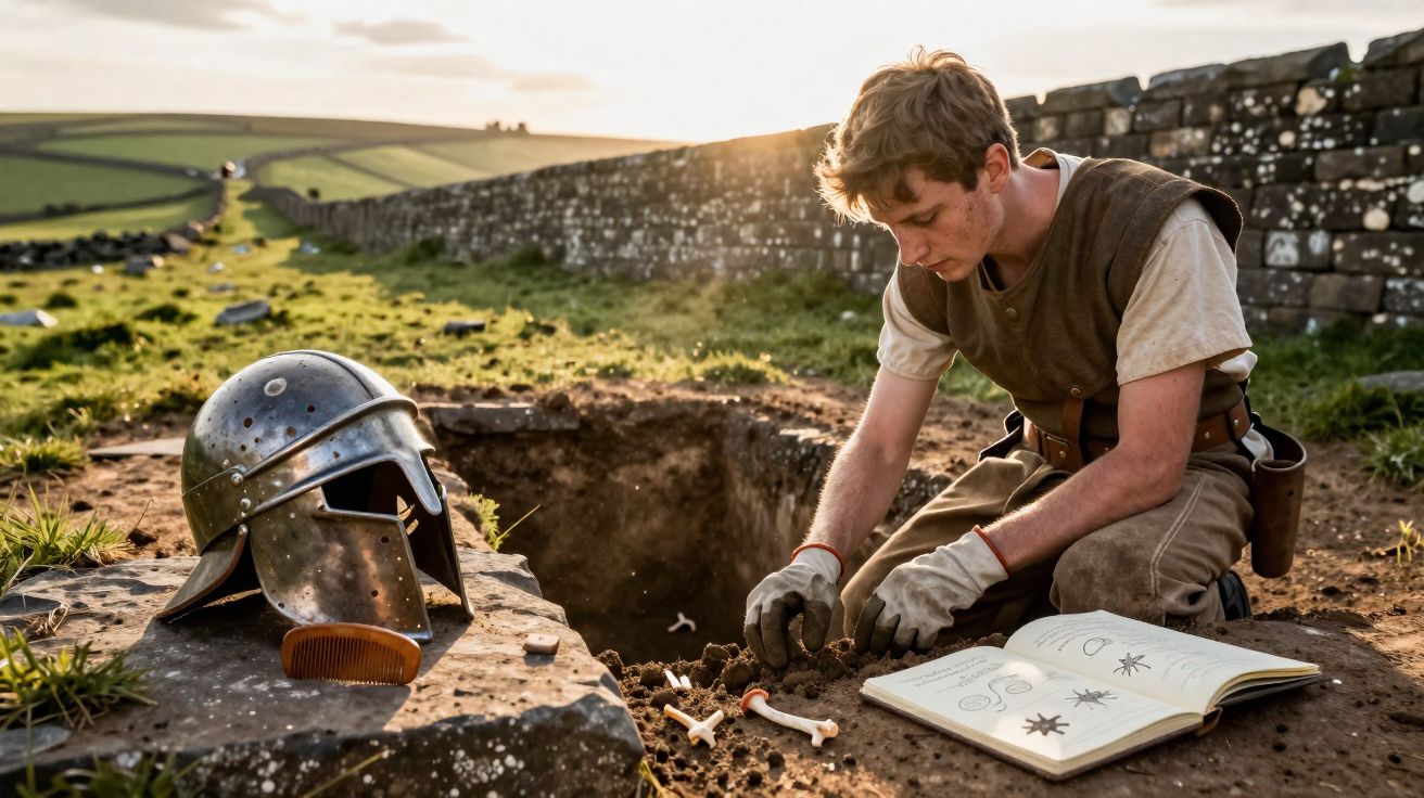 Jovem arqueólogo escava ossos antigos perto de capacete medieval e livro de desenhos ao ar livre.