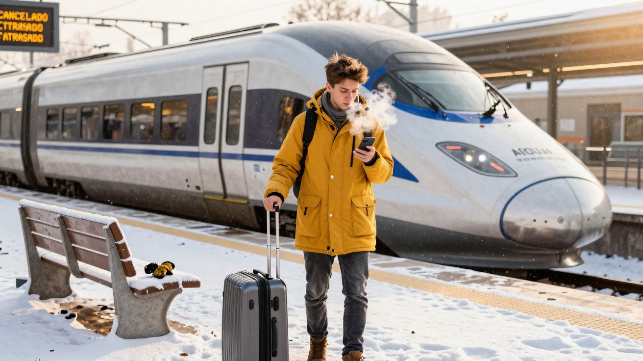 Jovem com casaco amarelo e mala de viagem na mão, a ver o telemóvel numa plataforma de comboio ao inverno.