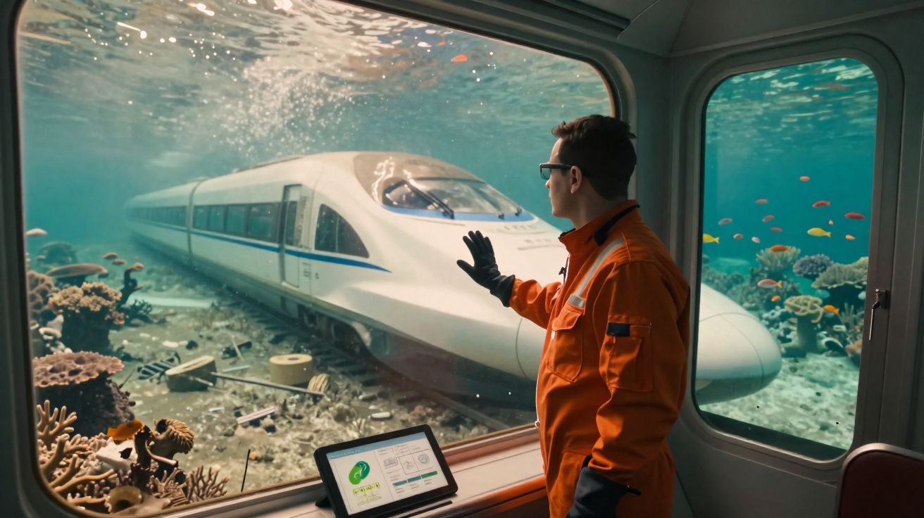 Homem com roupa laranja observa comboio de alta velocidade submerso no oceano com coral e peixes.