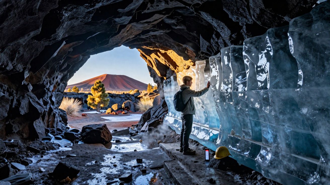 Pessoa dentro de caverna tocando parede de gelo, com vista para montanha e árvores ao fundo ao pôr do sol.