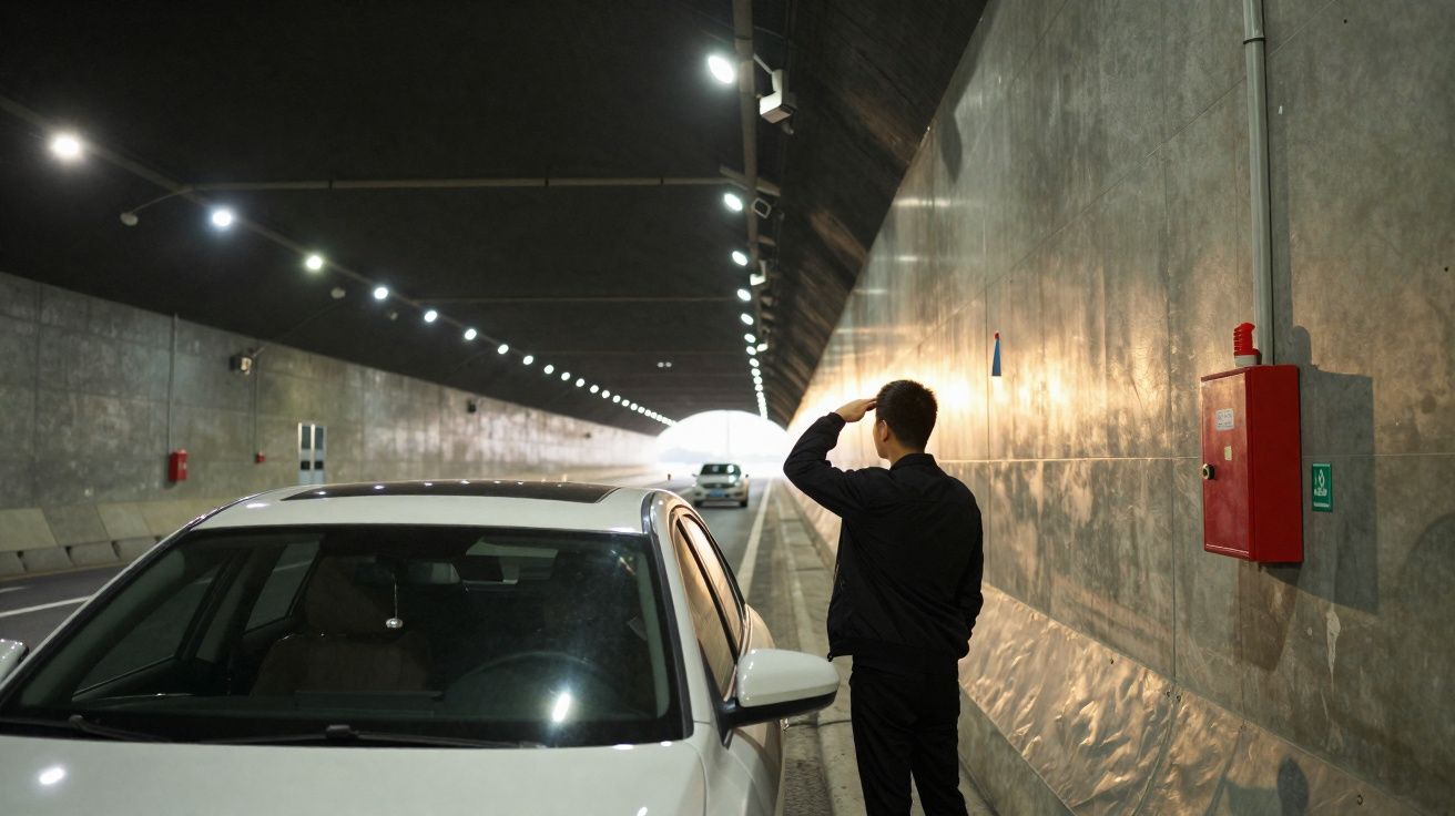 Homem de pé ao lado de carro branco parado num túnel iluminado durante a noite.