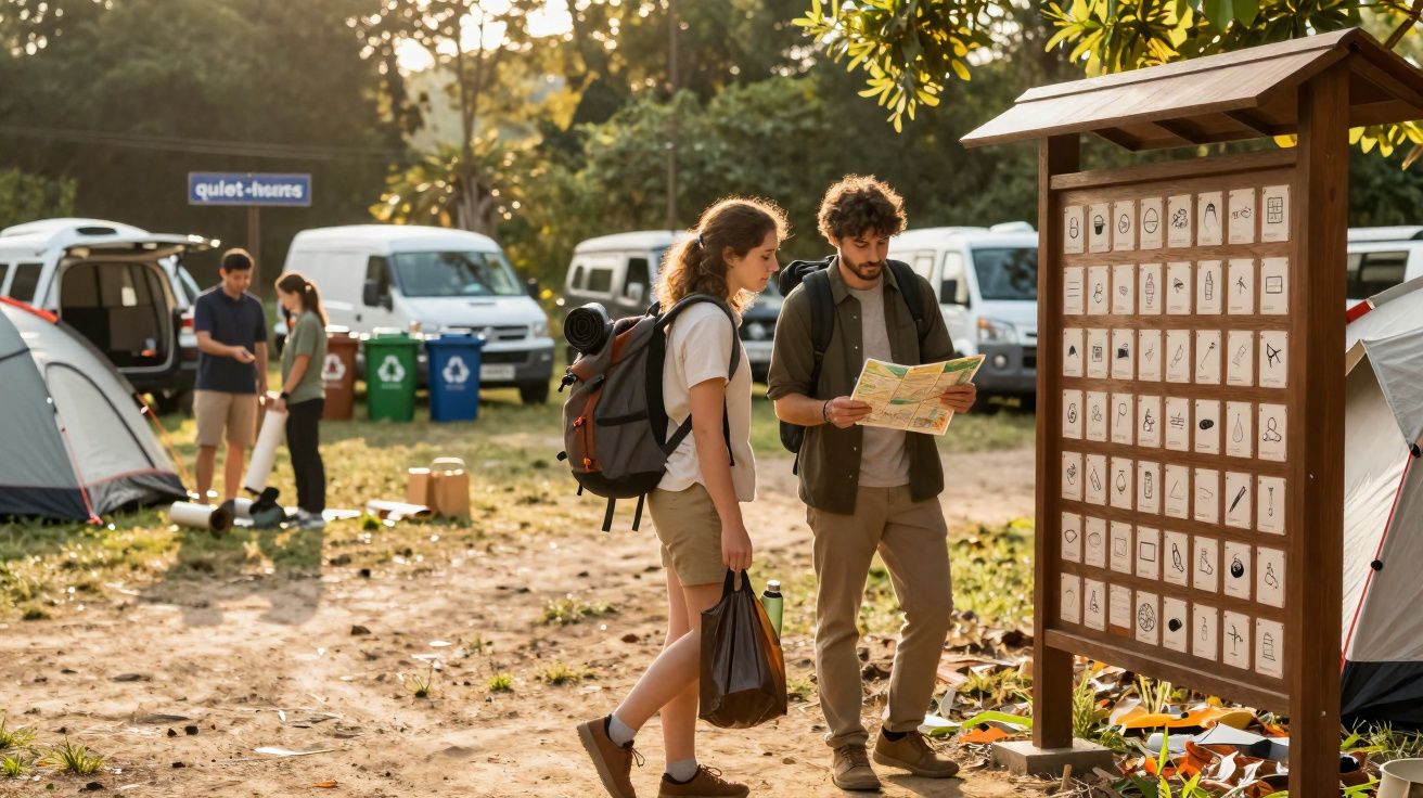 Casal jovem consulta mapa junto a placa informativa numa área de campismo com tendas e autocaravanas.