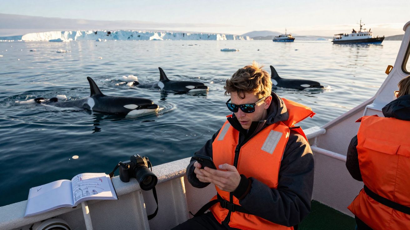 Homem com colete salva-vidas tira fotos de orcas perto de barco com icebergues ao fundo.