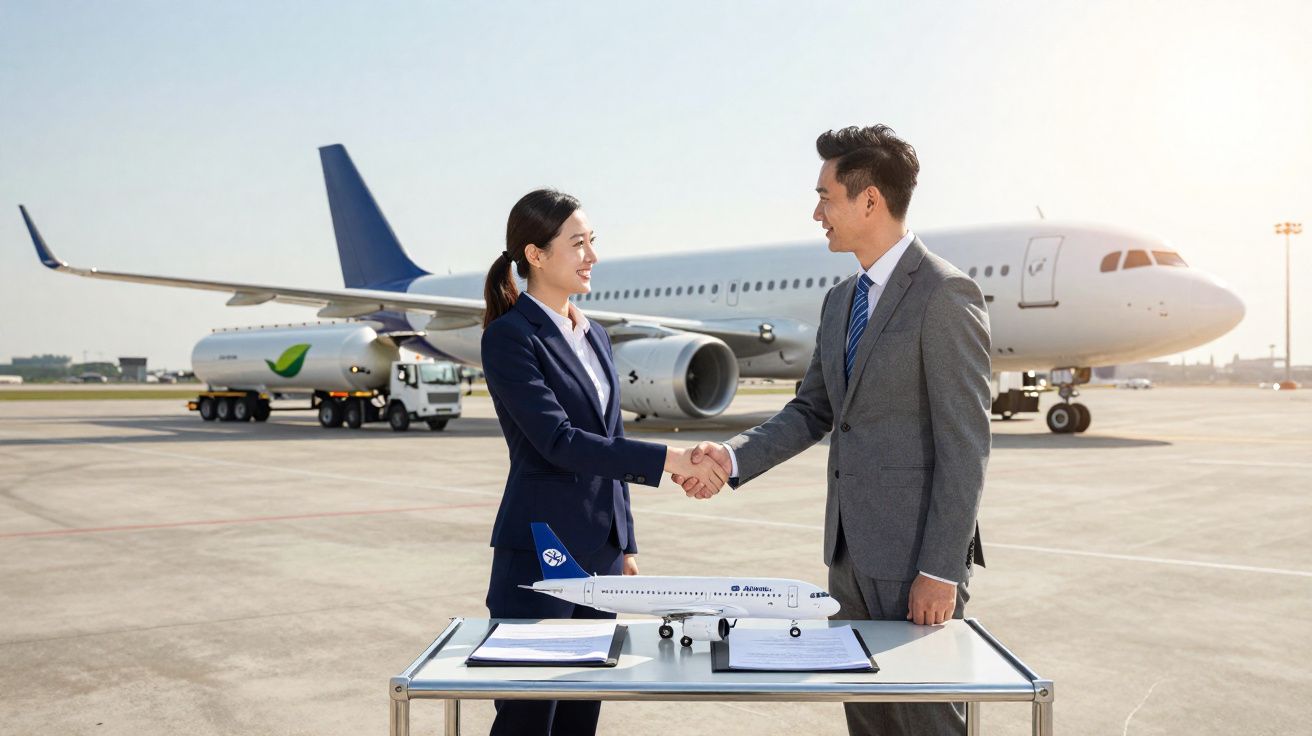 Duas pessoas a apertarem as mãos junto a uma mesa com miniatura de avião no aeroporto, com avião ao fundo.