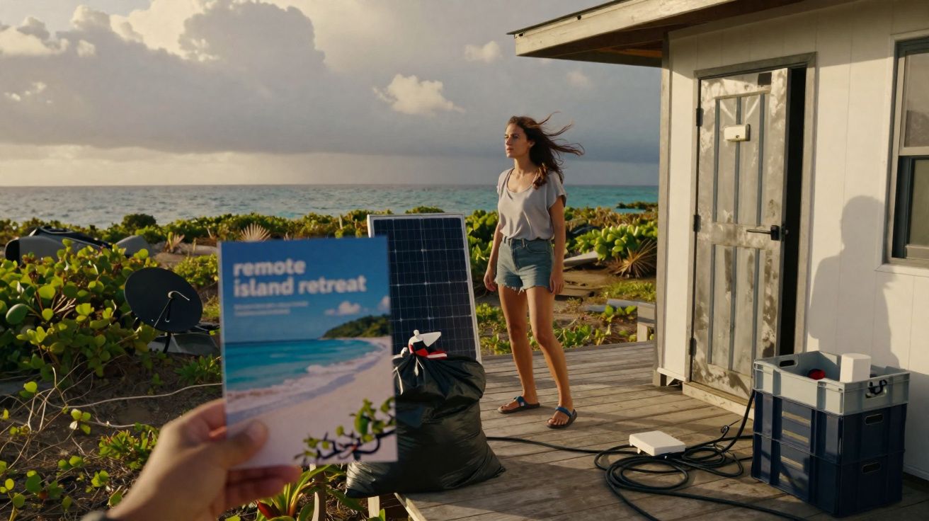 Mulher de pé numa varanda à beira-mar, segurando um folheto com a frase "remote island retreat".
