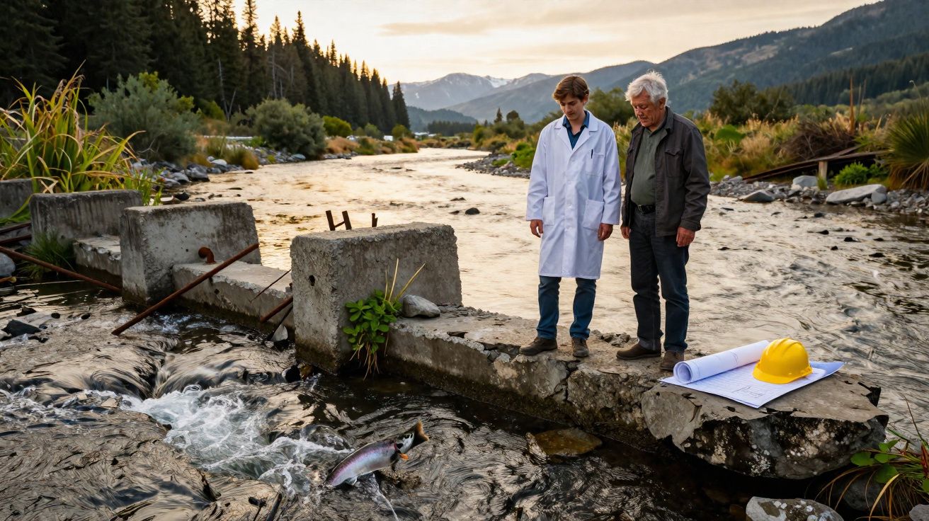 Dois homens junto a rio com truta saltando, capacete e plantas, montanhas e árvores ao fundo.