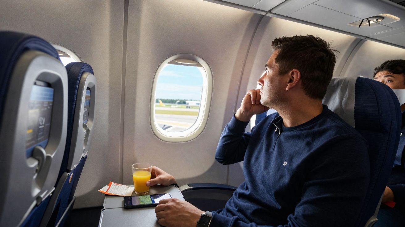 Homem sentado na janela de avião a olhar para fora, segurando copo de sumo de laranja e com telemóvel na mesa.