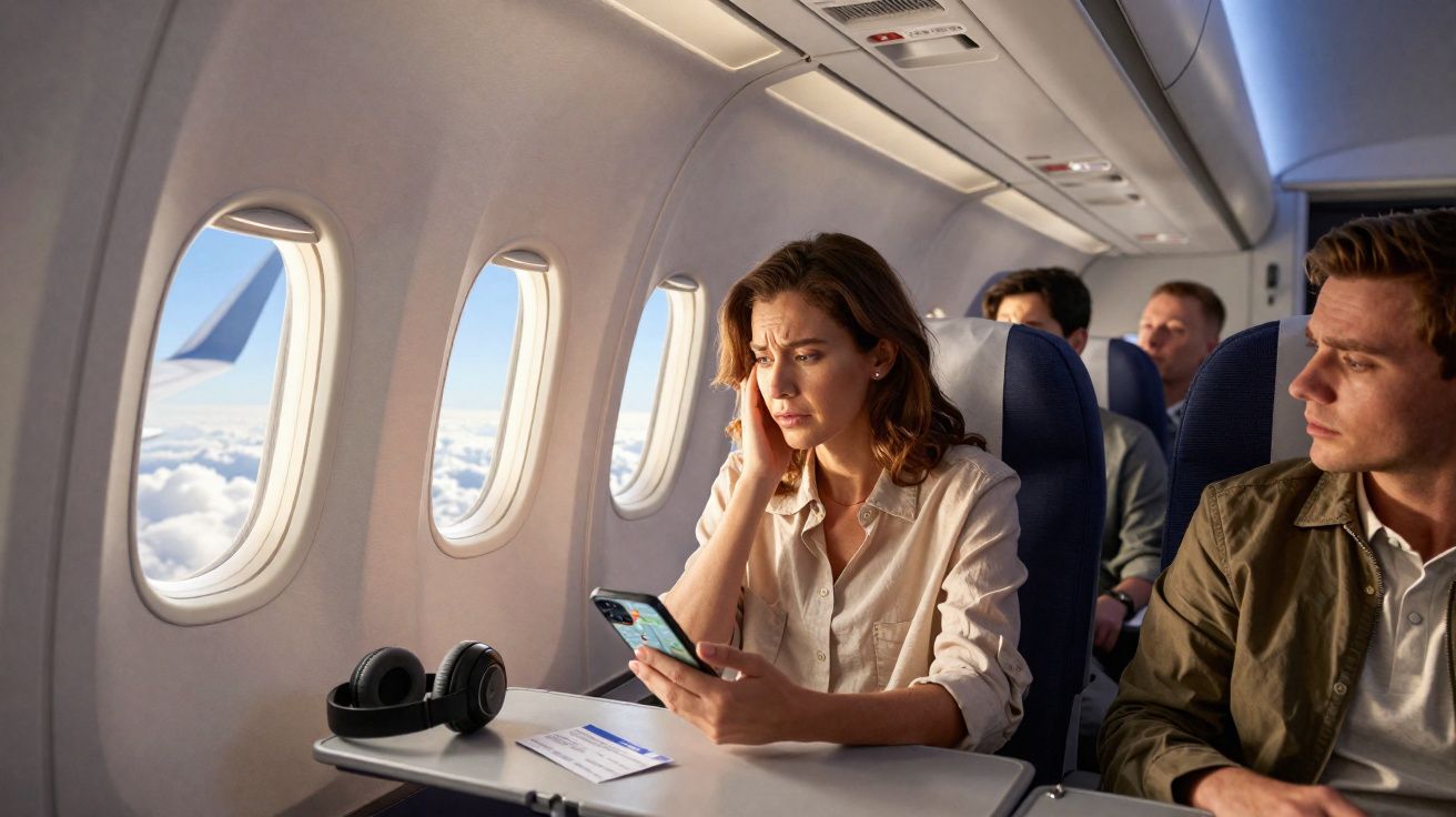 Mulher preocupada olha para o telemóvel em avião, com auscultadores e bilhete na mesa à sua frente.