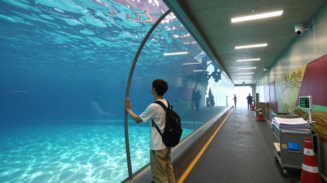 Pessoa observa tanque grande de água através de túnel de vidro num aquário interior moderno.