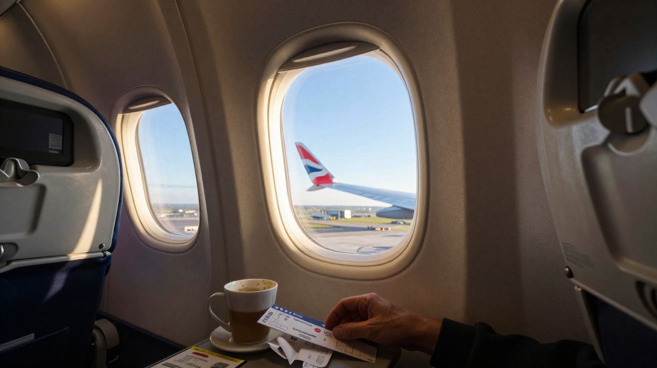 Interior de avião com copo de café, bilhete de voo na mão e asa do avião visível pela janela.