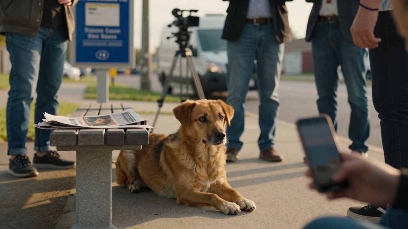 Cão castanho deitado no chão numa paragem de autocarro, com várias pessoas em pé e uma a usar telemóvel.