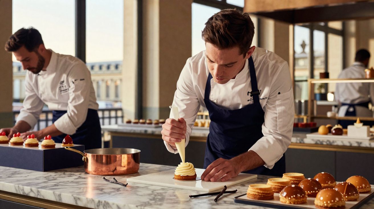 Dois chefs vestindo aventais azuis decoram sobremesas num ambiente moderno com balcão de mármore.