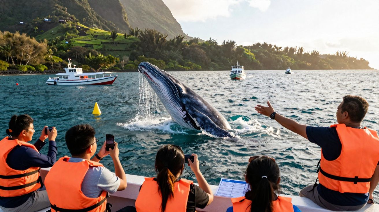 Turistas com coletes salva-vidas observam e fotografam uma baleia jubarte a saltar perto de uma costa verde e montanhosa.