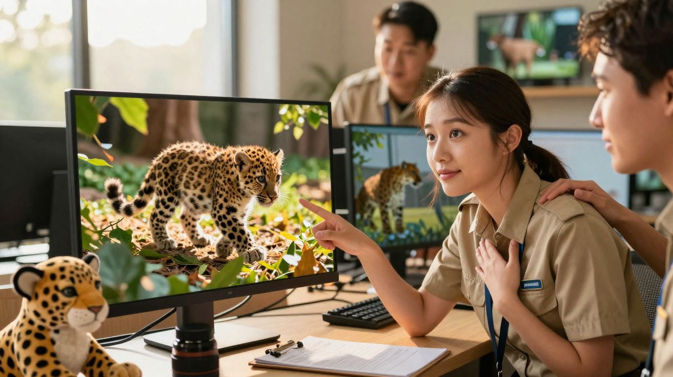 Mulher aponta para imagem de onça-pintada num ecrã, rodeada por colegas num escritório moderno.