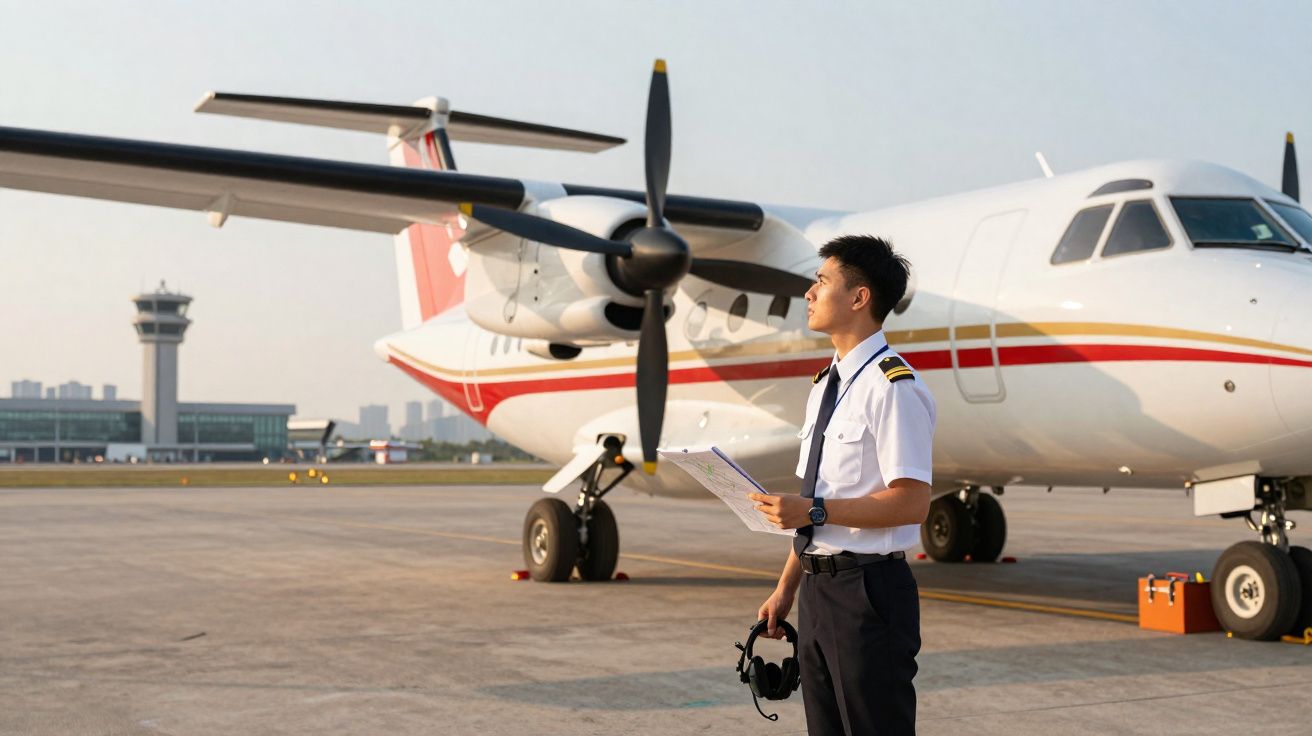 Piloto com uniforme branco e calças pretas segura auscultadores e caderno junto a avião no aeroporto.