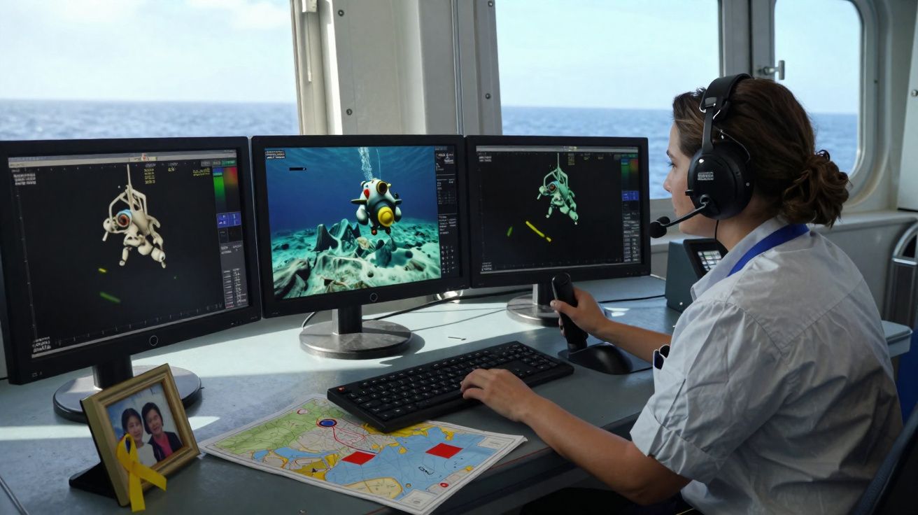 Mulher a controlar veículo submarino remoto com headset, mapas e monitores no interior de um barco.