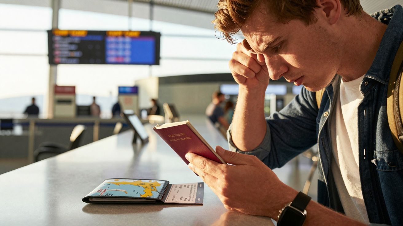 Homem preocupado a verificar passaporte e bilhete no balcão de um aeroporto com monitores de voos ao fundo.