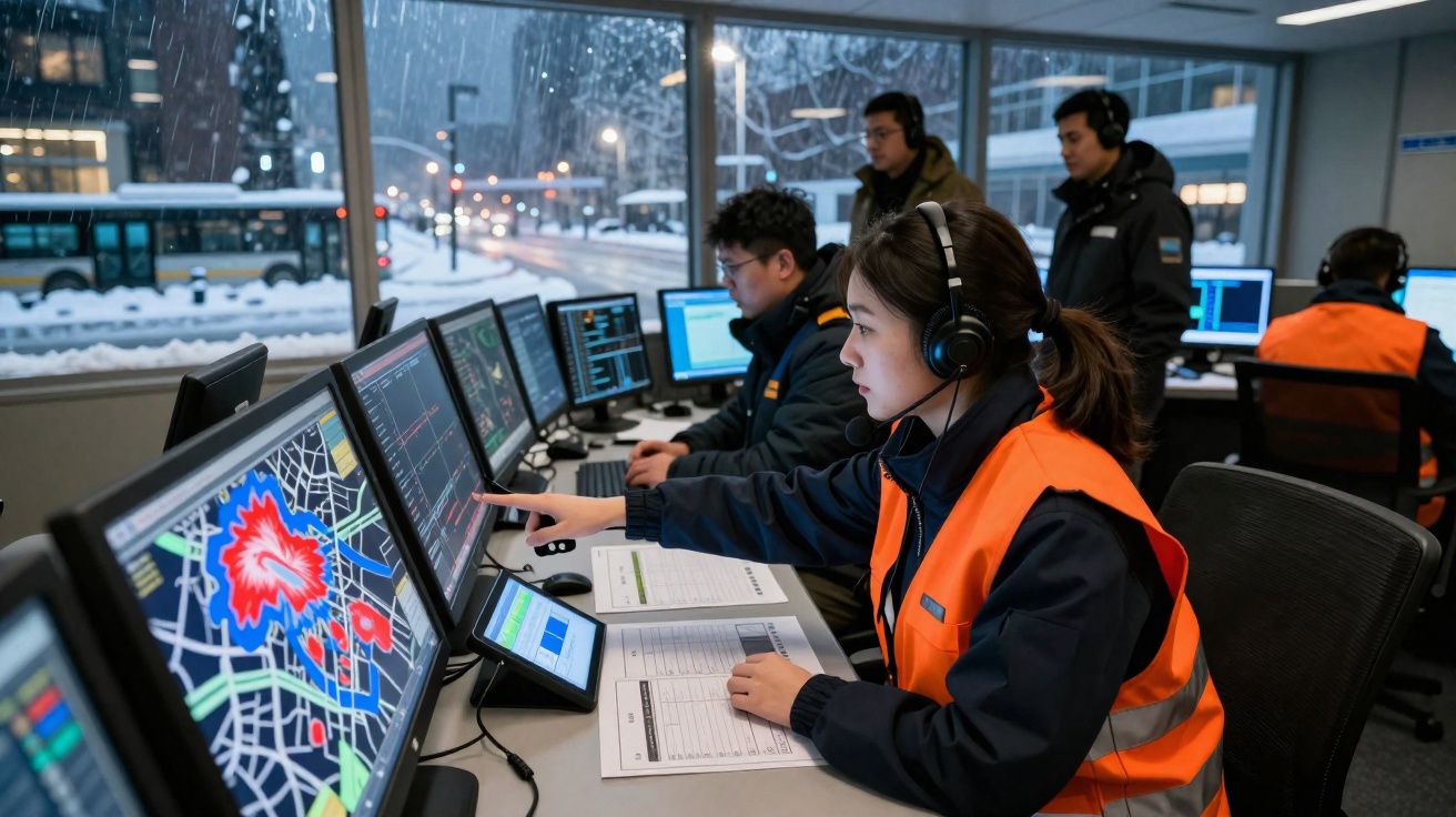 Equipe de emergência a monitorizar e coordenar operações via múltiplos ecrãs num centro de controlo.