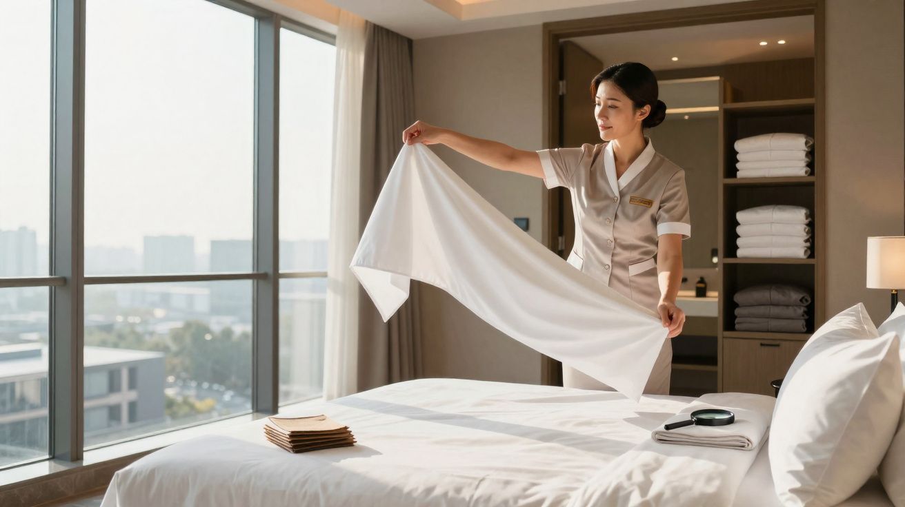 Funcionária do hotel prepara a cama junto a uma janela ampla com vista para a cidade.