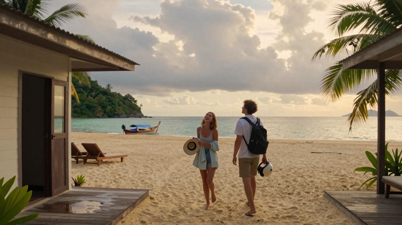 Casal jovem a caminhar descalço na praia ao pôr do sol junto a bangalôs e palmeiras tropicais.