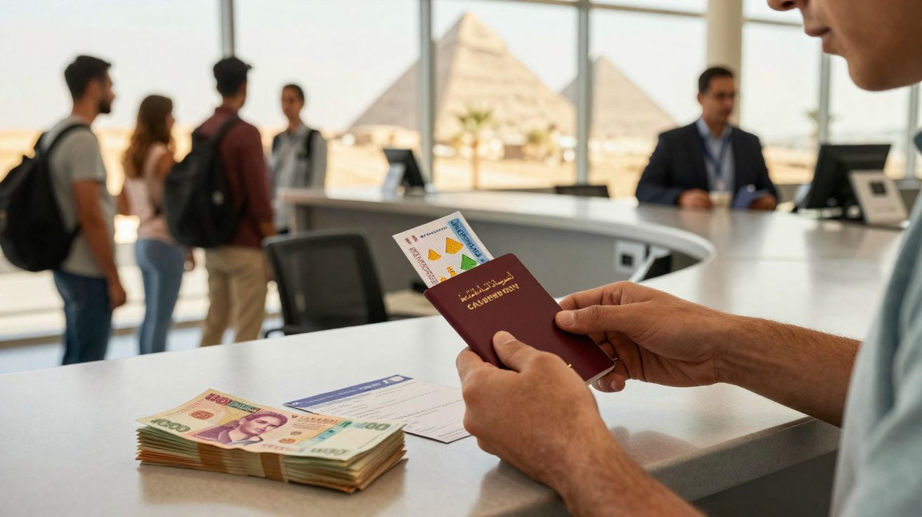 Pessoa a mostrar passaporte e bilhete num balcão de aeroporto com fila de pessoas e pirâmide ao fundo.