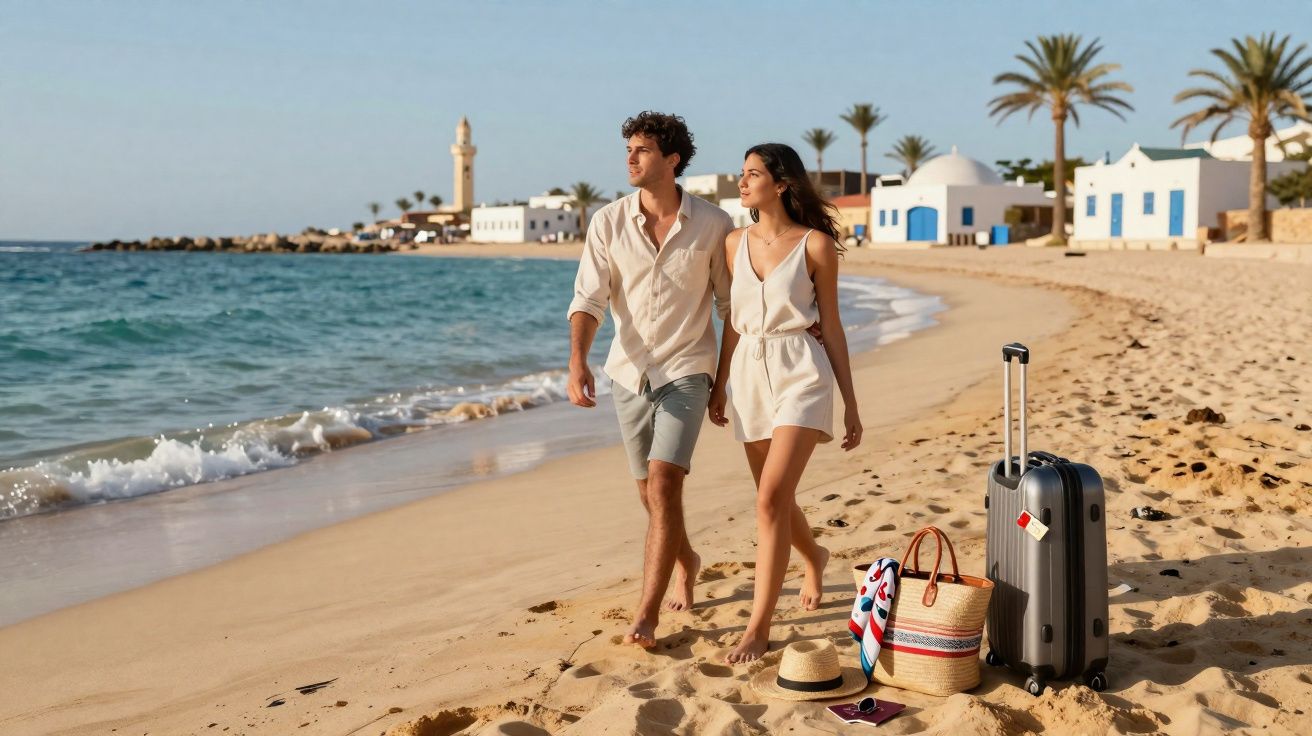 Casal jovem a caminhar descalço na praia com malas e acessórios sob sol, mar e casas brancas ao fundo.