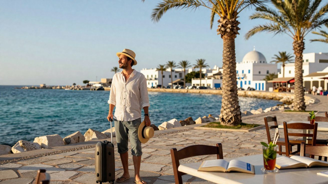 Homem de chapéu com mala junto ao mar em passeio à beira de calçada com palmeiras e mesas ao sol.