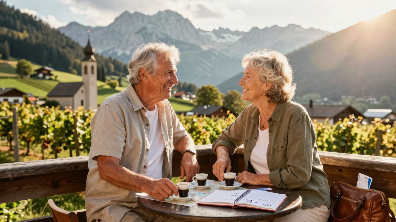 Casal idoso sorridente a tomar café numa mesa exterior com montanhas e vinha ao fundo.