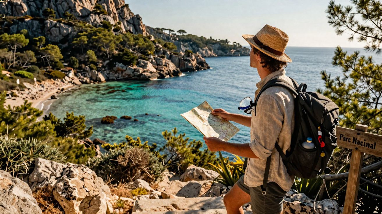 Pessoa com mochila e chapéu consulta mapa numa paisagem costeira rochosa com mar azul e placa de parque natural.