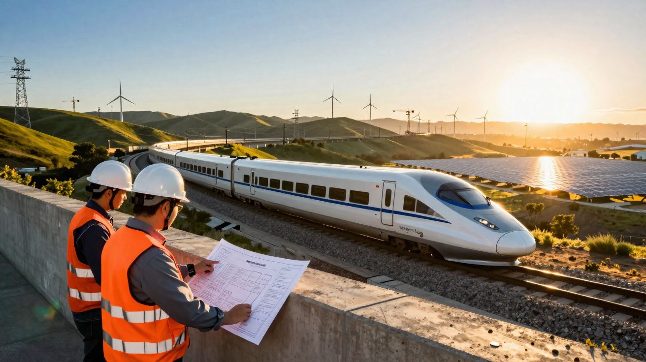 Dois engenheiros com capacetes e coletes a examinar plantas junto a um comboio de alta velocidade ao pôr do sol.