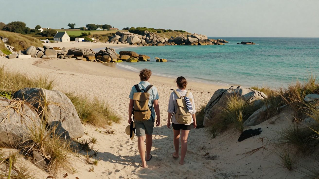 Casal com mochilas caminha pela areia da praia, com pedras, mar e casas ao fundo.