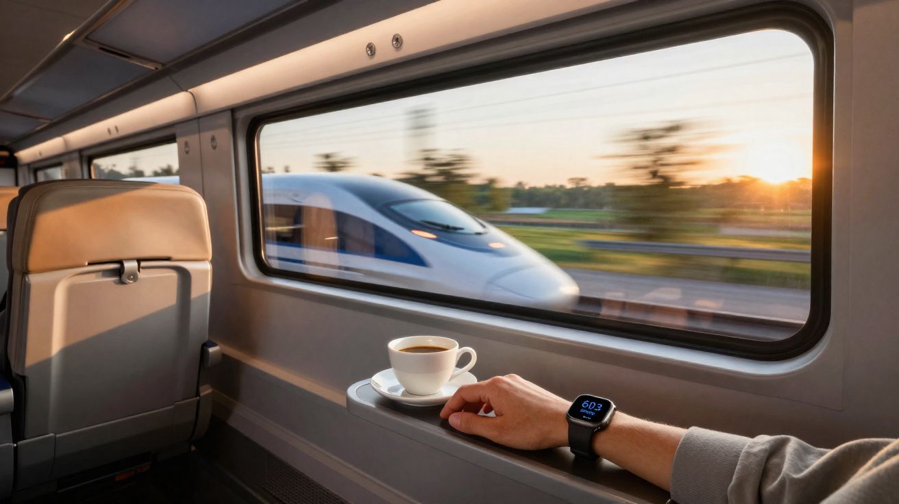 Interior de comboio com janela, chávena de café, mão com relógio inteligente e comboio rápido a passar lá fora ao pôr do sol.