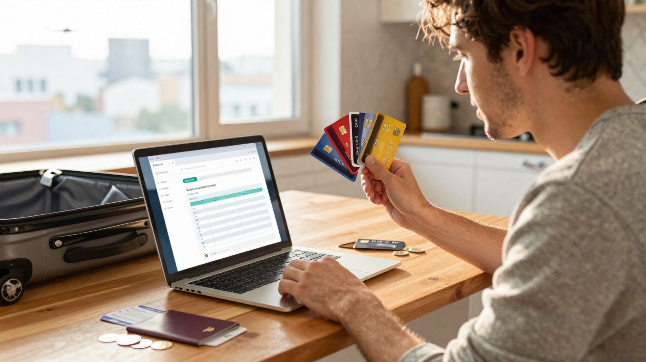 Homem sentado a usar computador portátil enquanto segura vários cartões de crédito numa cozinha.