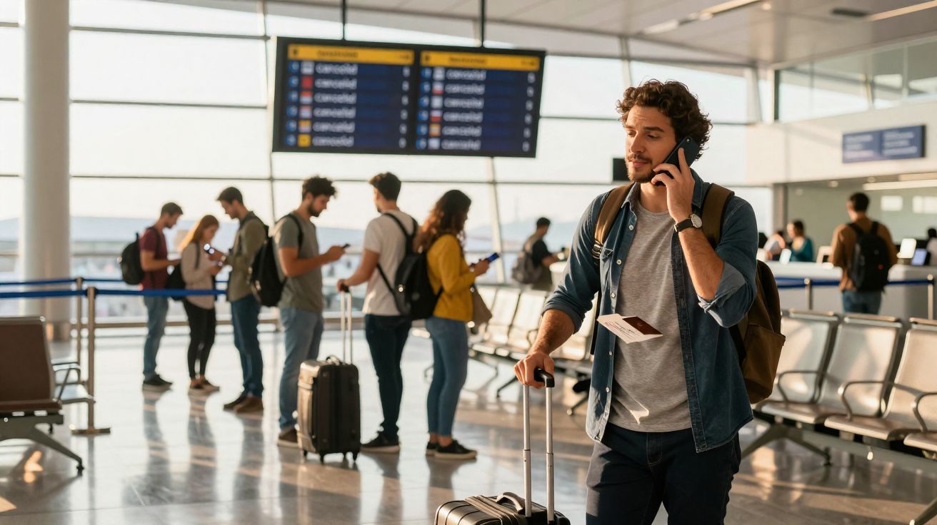 Homem com mala e bilhete ao telefone no aeroporto, com voos cancelados no painel ao fundo.