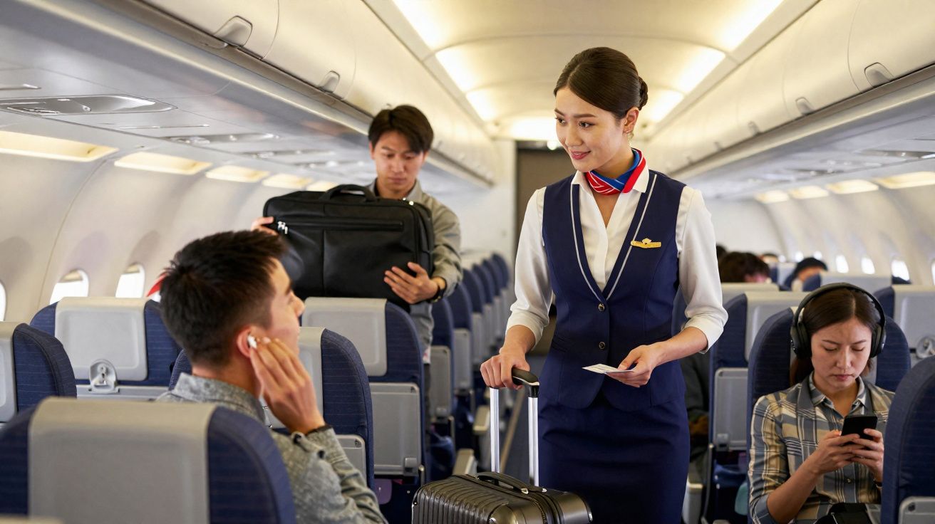 Assistente de bordo a interagir com passageiro durante voo, com outros passageiros acomodados nos seus lugares.