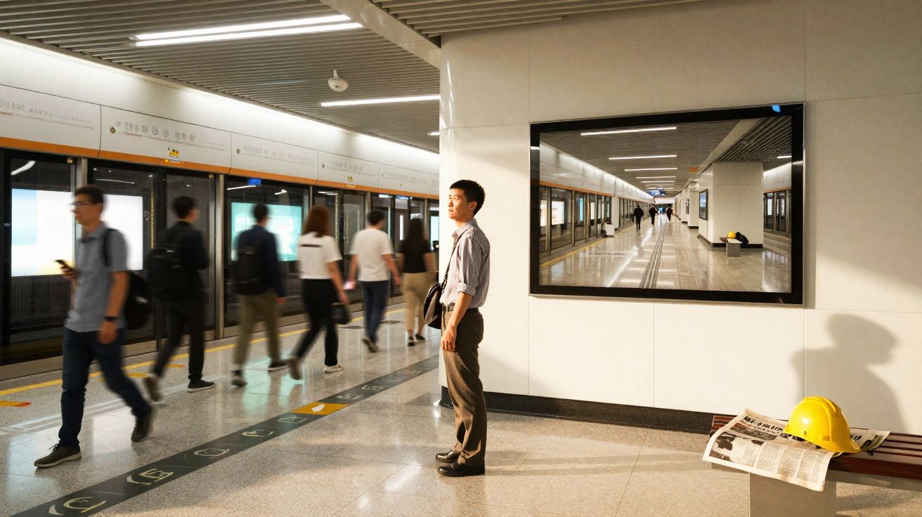 Estação de metro com várias pessoas em movimento e um homem parado a olhar para o comboio.
