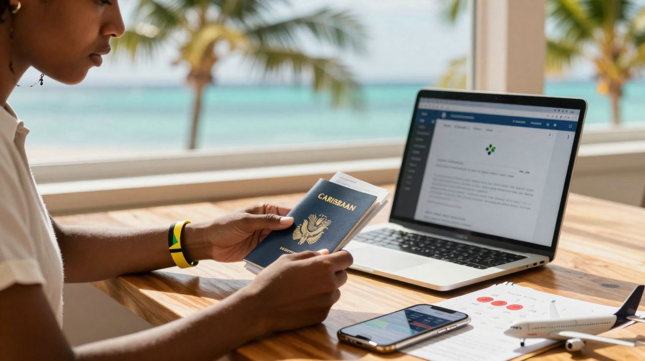 Pessoa sentada numa mesa com passaporte caribenho, portátil aberto, telemóvel e modelo de avião ao fundo de praia.