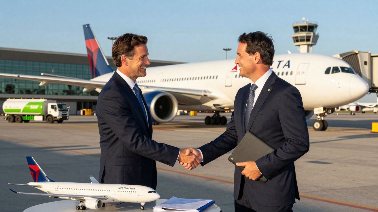 Dois homens de fato apertam as mãos num aeroporto, com um avião e uma miniatura de avião ao fundo.