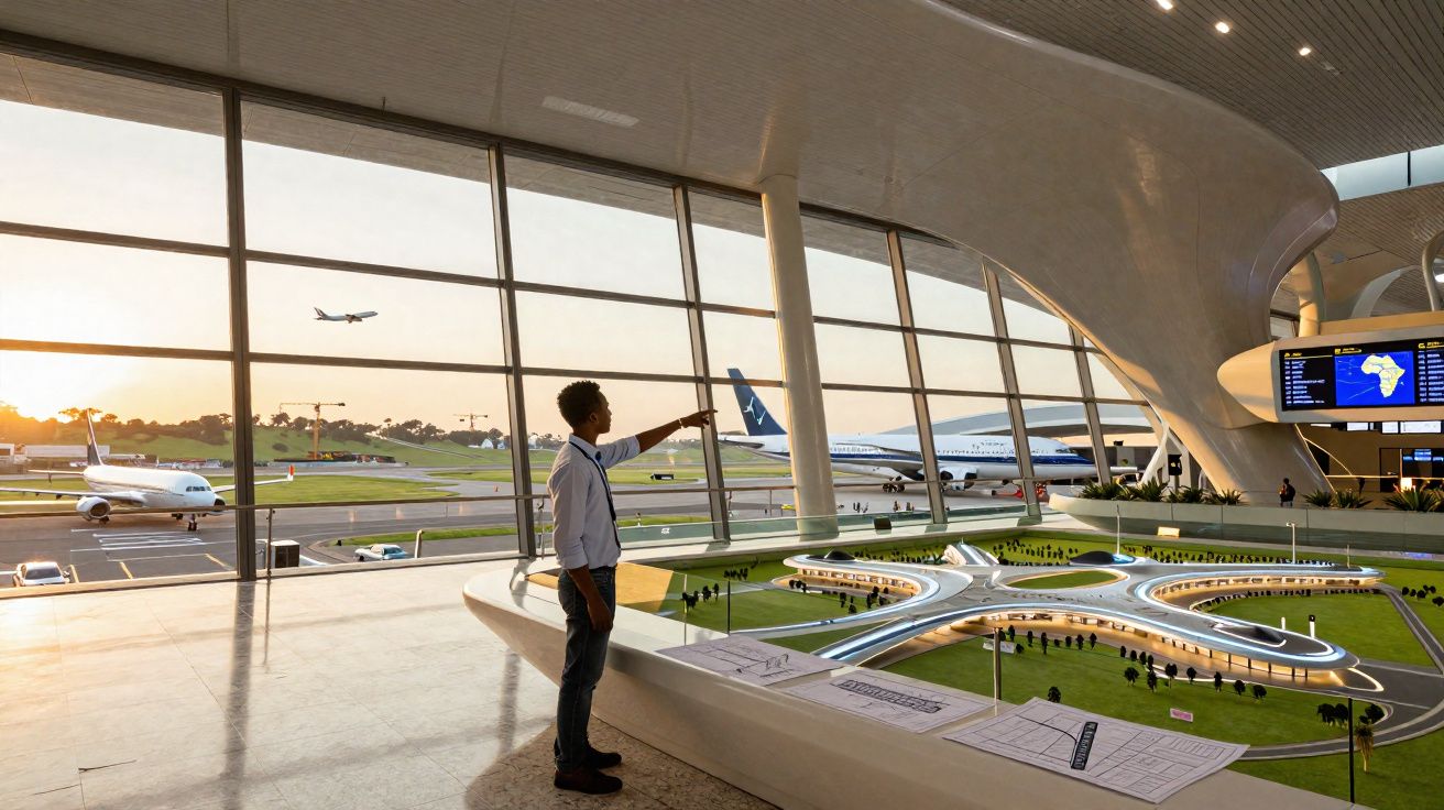 Homem aponta para avião dentro de aeroporto moderno com maquete de pistas e janelas amplas ao fundo.