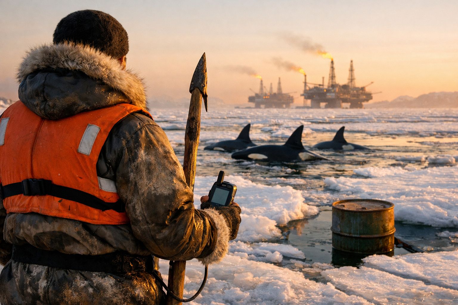 Homem com roupa de frio e colete laranja observa orcas no gelo com plataformas petrolíferas ao fundo.