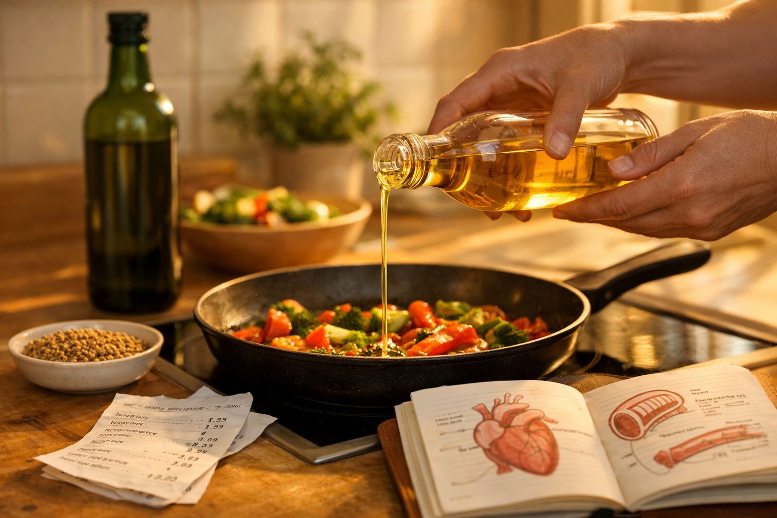 Mãos a verter azeite numa frigideira com legumes cozinhados, ao lado de livro aberto com ilustrações anatómicas.
