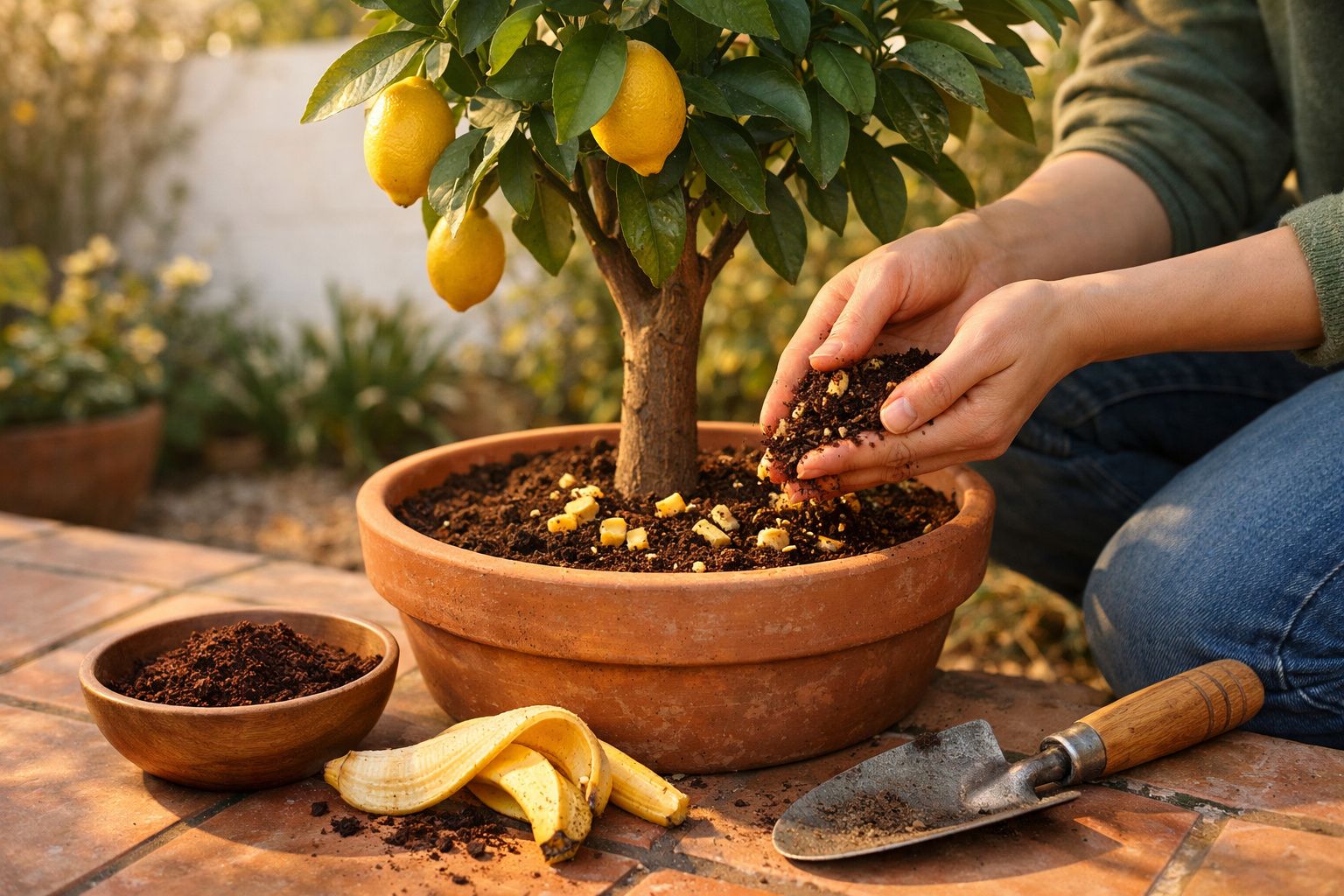 Pessoa a fertilizar uma planta de limão em vaso com composto orgânico, com casca de banana visível.